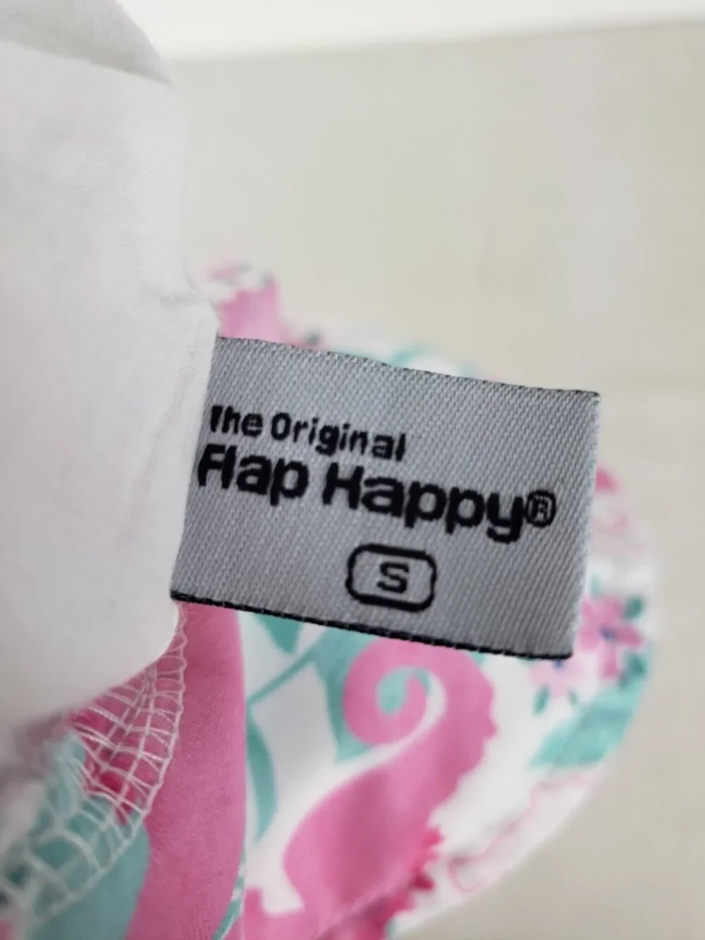 Flap Happy Sun Hat Pink Green Seahorse Print Bucket Hat Bonnet Size Small 3-6 Mo